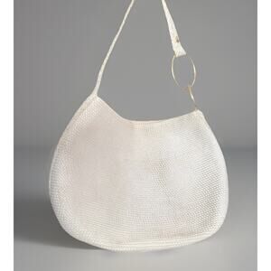 Eric Javits Woven Squishee White Ivory Purse Shoulder Bag Gold Brass Ring Straw